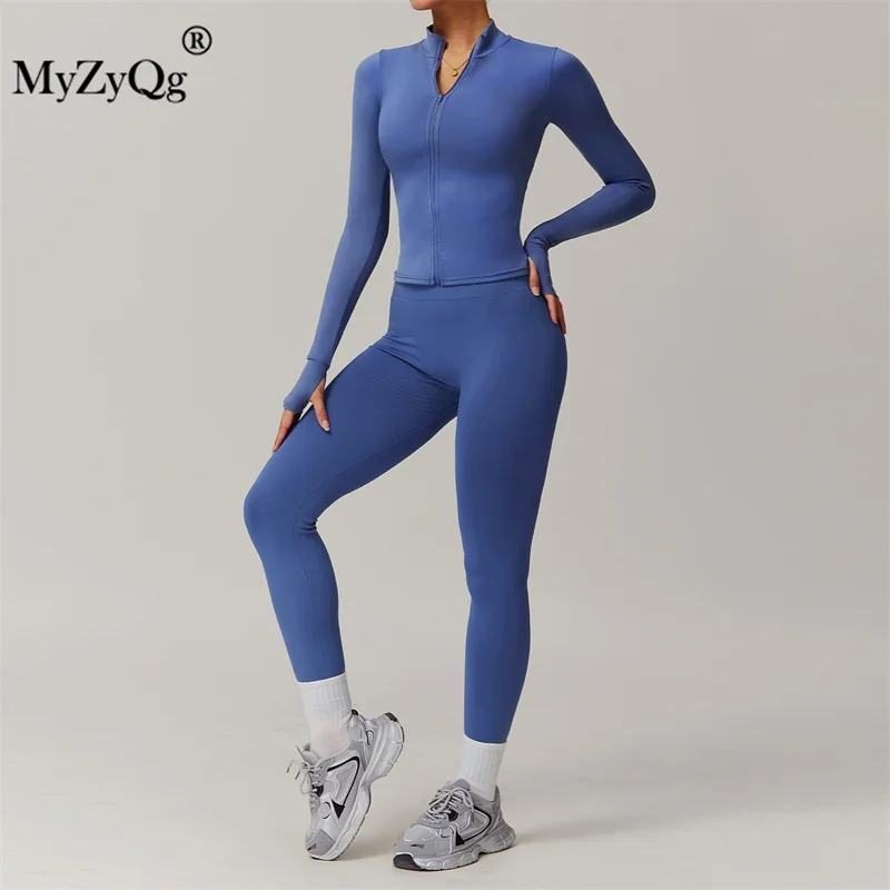 MyZyQg Women Long Sleeve Jackt Pant Set Sports Outerwear  Outdoor Running Fitness Sports Workout Coat Leggings Suit