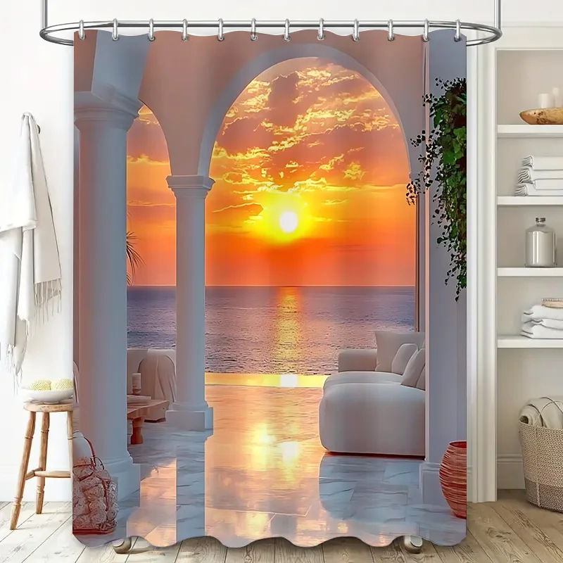 

Sunset Over the Sea Shower Curtain with Archway Design for Bathroom Decor Bring Warmth and Serenity to Your Home Waterproof