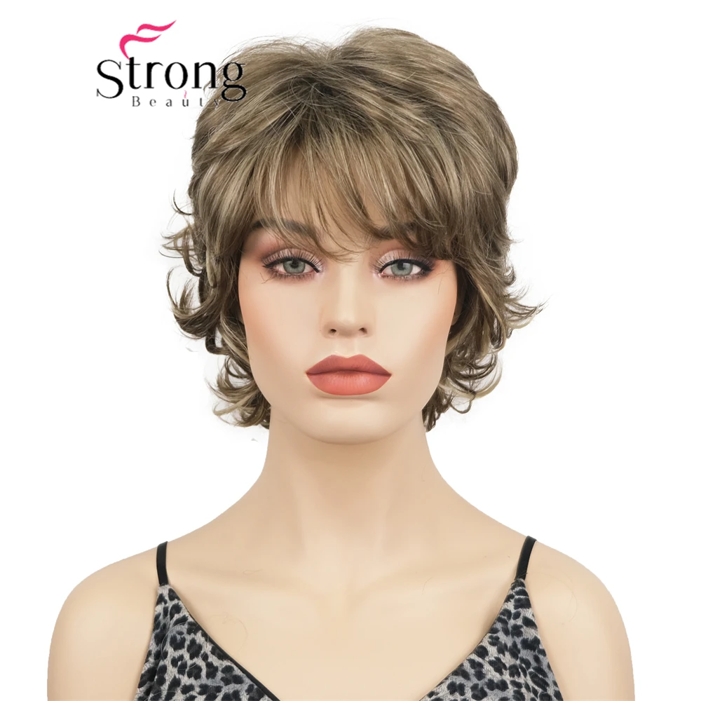 

Короткие коричневые парики Strongbauty с блонд-оттенками и волнистыми прядями для женщин, с челкой, синтетические коричневые волнистые парики для повседневного использования