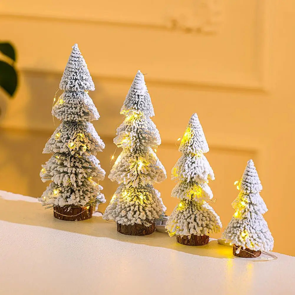 Desktop Mini Xmas Tree With Wooden Base Artificial Christmas Snow Pine Tree Led String Light For Xmas Home Tabletop Decoration