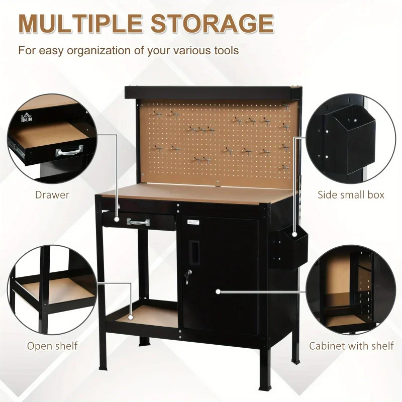 Multipurpose Workbench, Workshop Tool Table with Slide Drawer. Peg Board, Storage Cabinet with Keys