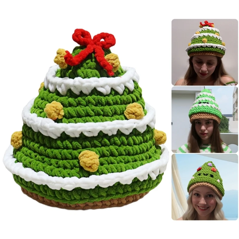 Acrylic Yarn Knitted Hat Christmas Tree Shape Hat for Adult Children Winter Warmth Hat for Cold Weather Festival Props