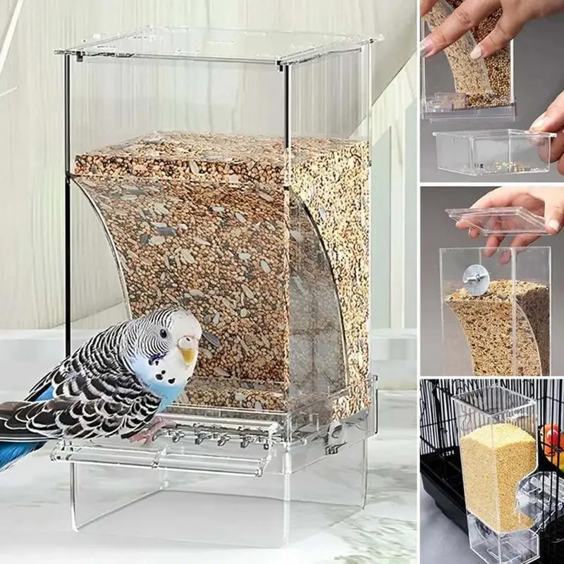 Comedero automático de comida para loros, sin desorden, comederos para pájaros, contenedor de comida de semillas acrílicas, accesorios para periquitos pequeños y medianos