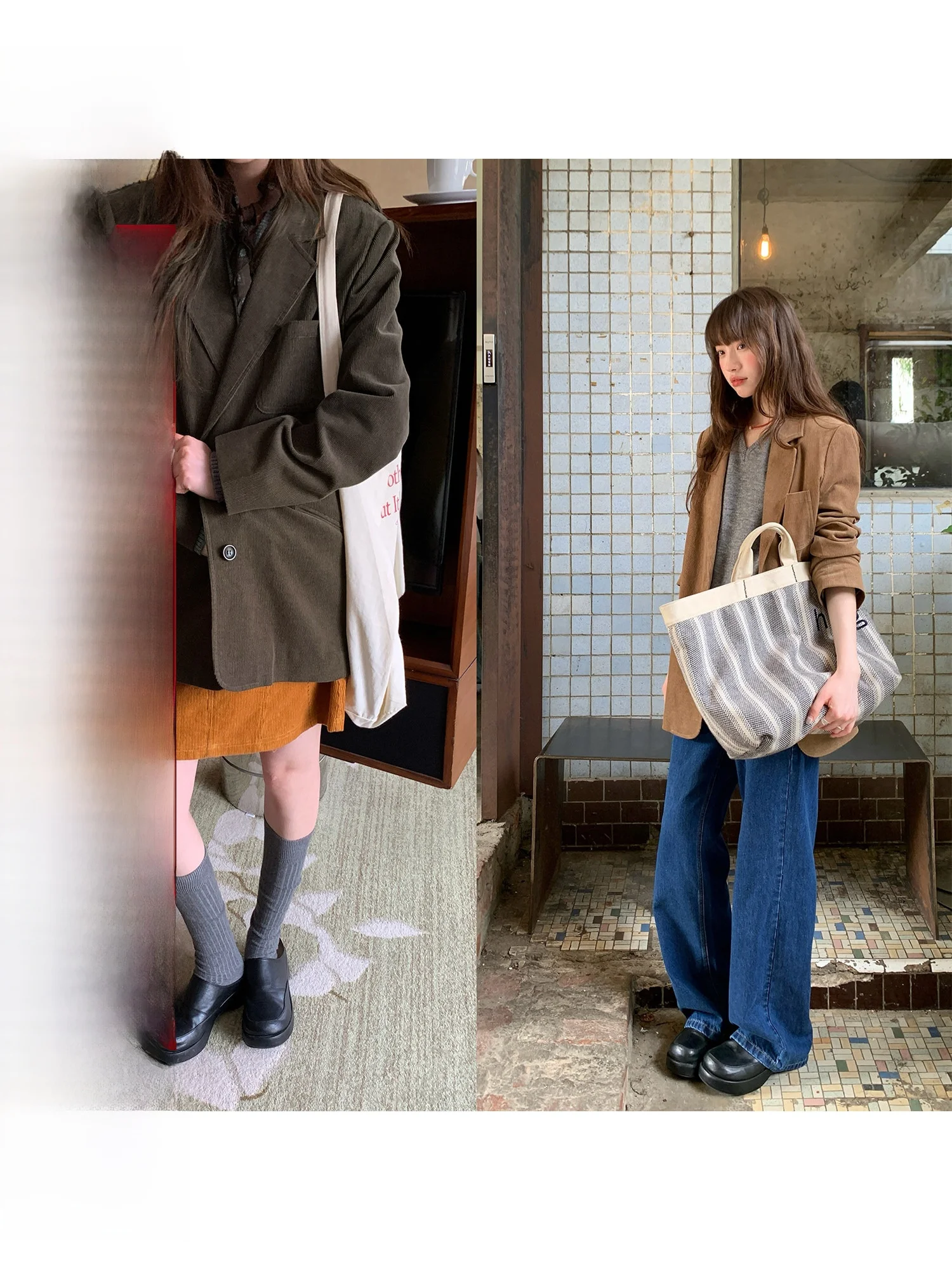 

RAINY Casual Vintage ket Corduroy Suit Women's Button-Down Long Coat Loose Fit Spring Autumn Straight Leg Suit Jaet