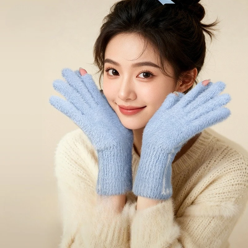 2025 Autumn and Winter Warm Gloves Girls Cute Outdoor Cycling Windproof Cold Flip Finger Touch Screen Thickened Plush Gloves