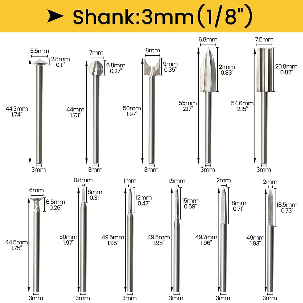 11 Pcs Wood Carving Drill Bits with 1/8 Inch Shank for Rotary Tools Perfect for Wood Engraving Drilling and Crafting