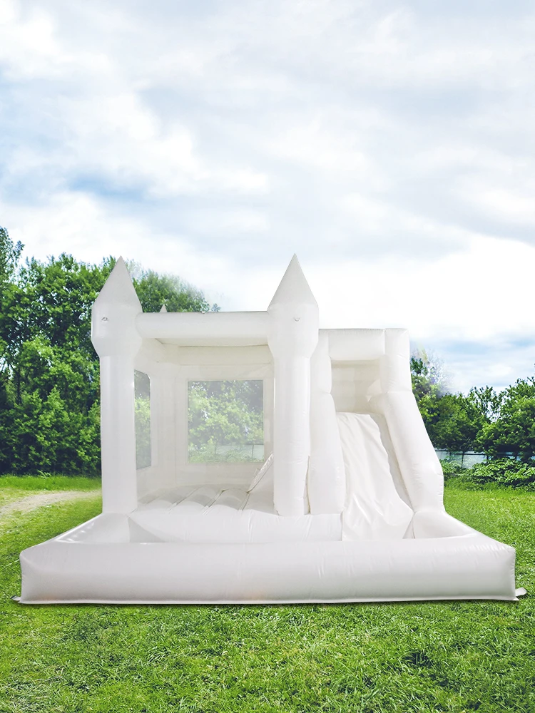 Château Gonflable Blanc avec Glissière et Fosse à Boules, Maison pour Activités de Plein Air, 13x13 Pieds, 4x4m, Livraison Gratuite