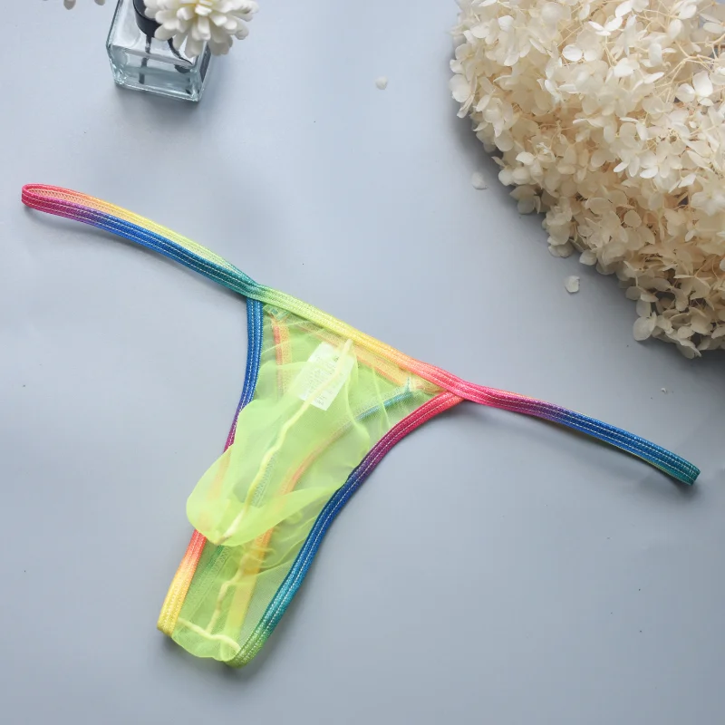 Men Thongs And G Strings Sexy Low Waist Pouch Underwear Rainbow Mesh Transparent Jockstrap String High Elastic U Convex Panties