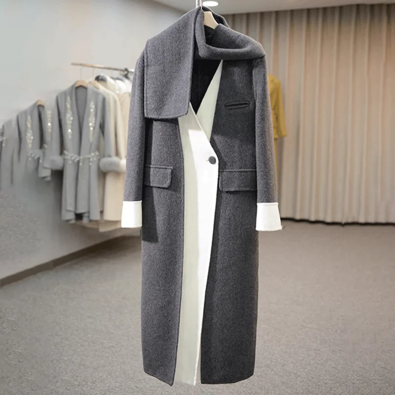 Contrast Stitching Double-Sided Woolen Jacket Women Overcoat Autumn Winter New Scarf Collar Fake Two Long Loose Wool Windbreaker