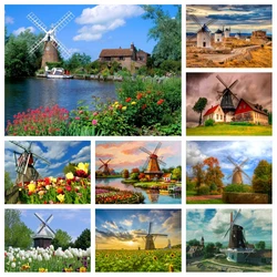 Netherlands Windmill In Tulips Field Scenery Diamond Painting Art AB Drills Sunset Flower Landscape Cross Stitch Room Decor