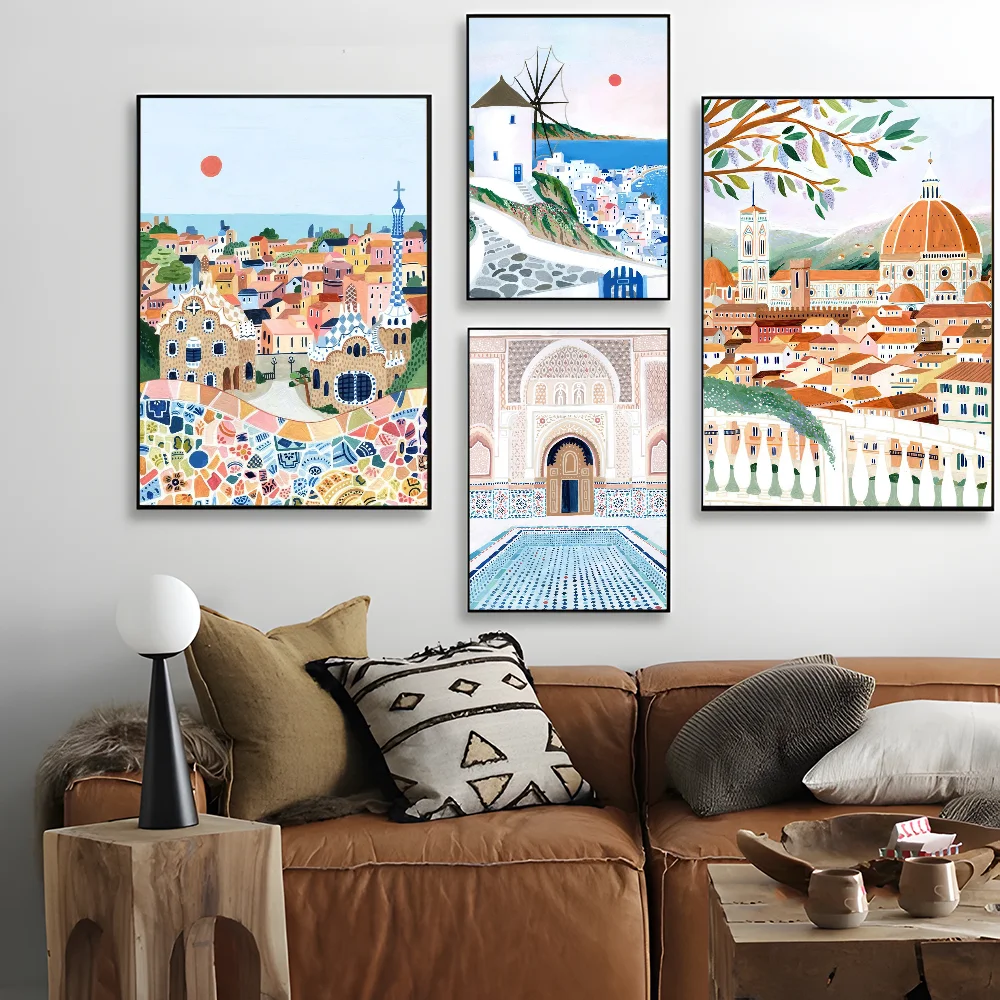 Landscape Nordic  Barcelona Santorini Positano  Poster Anime Posters Sticky Whitepaper Sticker DIY Room Bar Cafe Kawaii