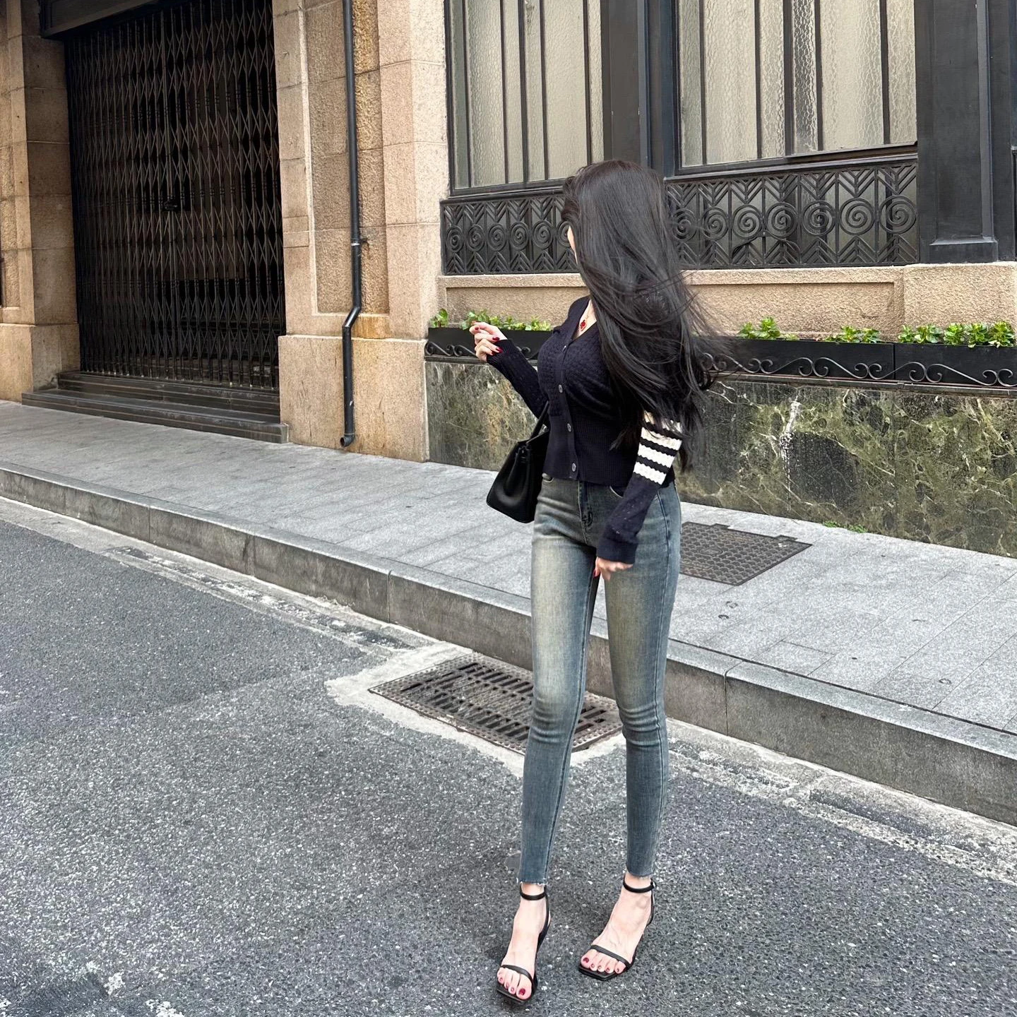 

Retro Style High Waist Slim Fit Jeans mid Stretch Cotton Denim Pencil Nine Patchwork White Washed Autumn New Arrival