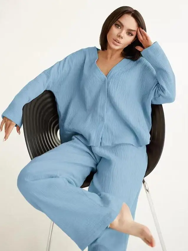 Women's New Double Layer Casual Long Sleeve Wide Open Cardigan Loose Shirt Pants Sleepwear Home Clothes Set Comfortable