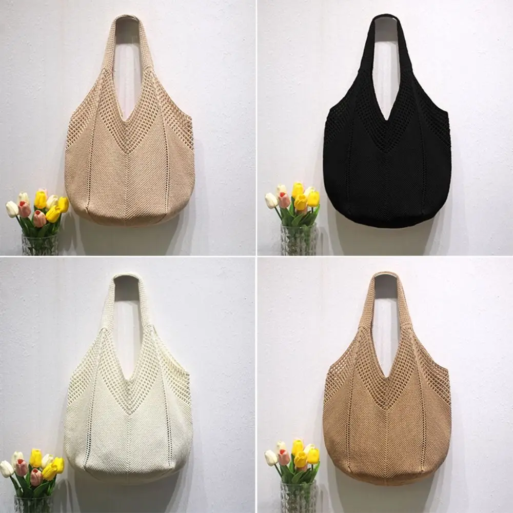 

Fashion Hollow Women Shoulder Bag Large Capacity Handmade Summer Woven Beach Bag Foldable Solid Color Crochet Tote Bag