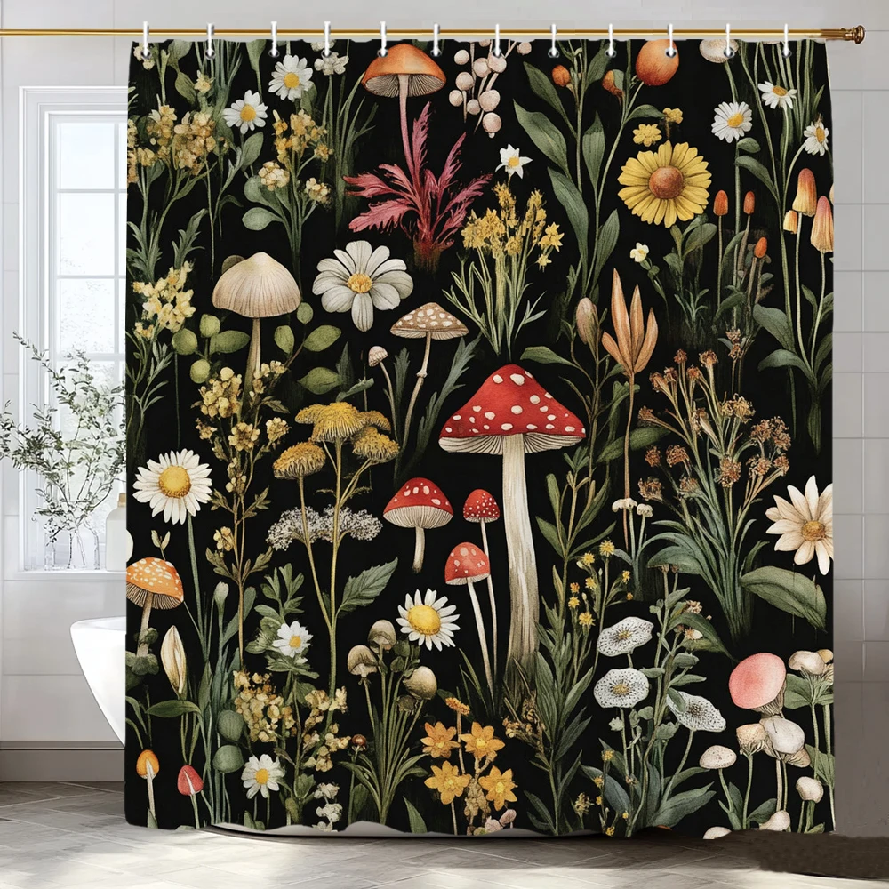 

Black Floral ,Plant,Mushroom Pattern Shower Curtain, Bathroom Decorative Shower Curtain, Waterproof Shower Curtain with Hooks