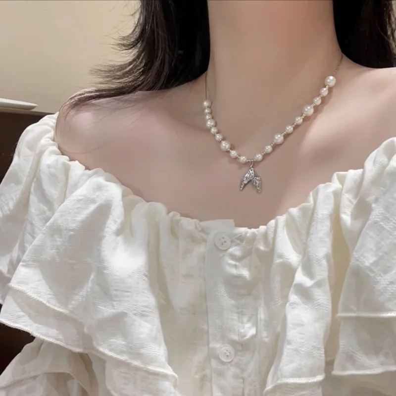Fish Tail Pearl Drawstring Necklace Adjustable Length Premium Elegant Choker Collarbone Chain for Women Handmade Unique Design