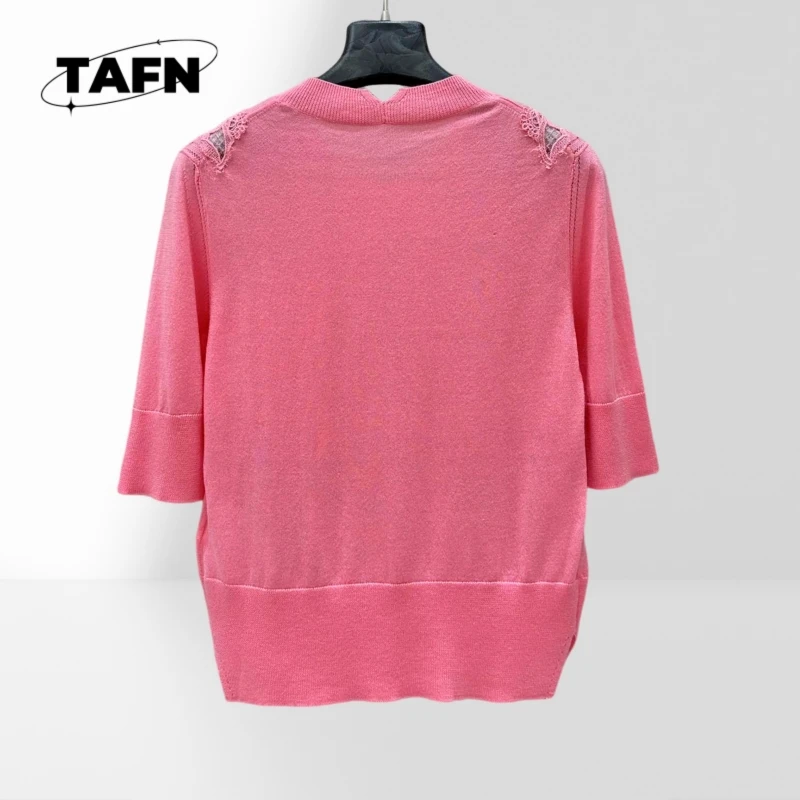 Luksusowa kaszmirowa bluzka bankietowa z koronką, krótkim rękawem, wzorem kwiatowym, dzianinowa odzież damska, 75% wełna, 25% prawdziwej jedwabiu, elegancka A25366