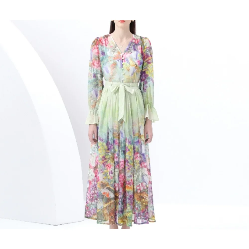 Abito da donna sexy in chiffon con stampa vintage, manica svasata, monopetto, scollo a V, elegante abito lungo slim a maniche lunghe