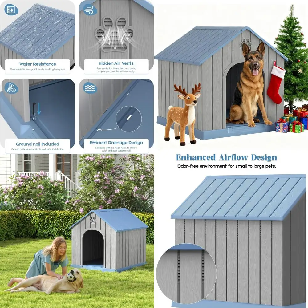 

Durable Plastic Dog House for Medium to Large Dogs, Waterproof with Air Vents, Easy Assembly, Blue, 36.2L×38W×38H