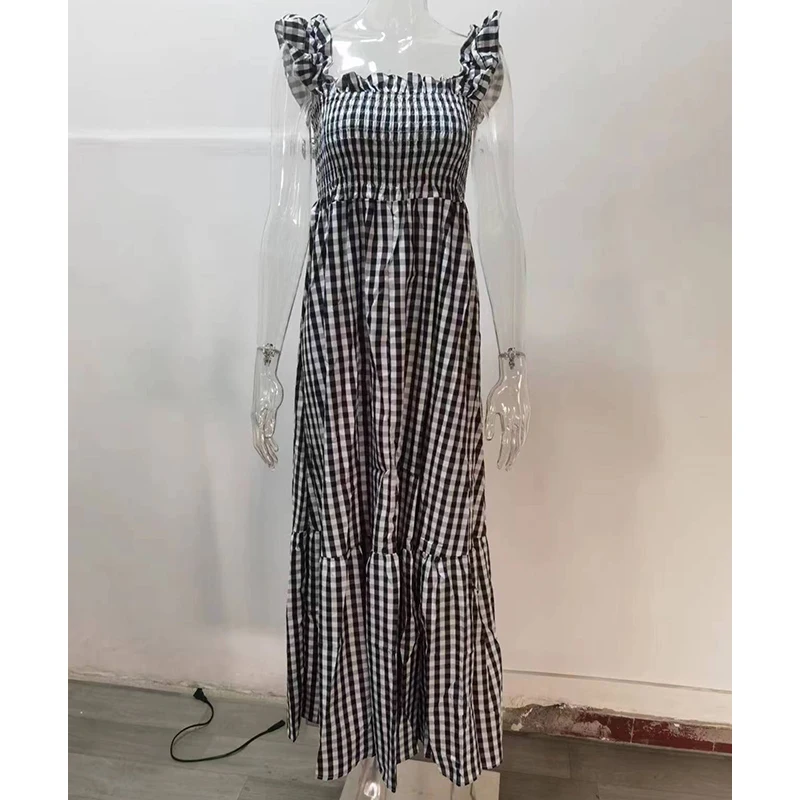 Elegant ผู้หญิงฤดูร้อนลายสก๊อต Maxi ยาวชุดวันหยุดสบายๆ Backless Beach Sundress จีบ Boho Party ชุดหลวม