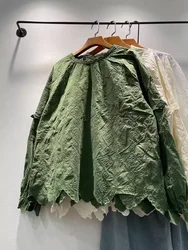 Bust 118cm Mori kei fashion white beige green long sleeve cotton lace embroidery shirts and blouses sweet lolita clothing