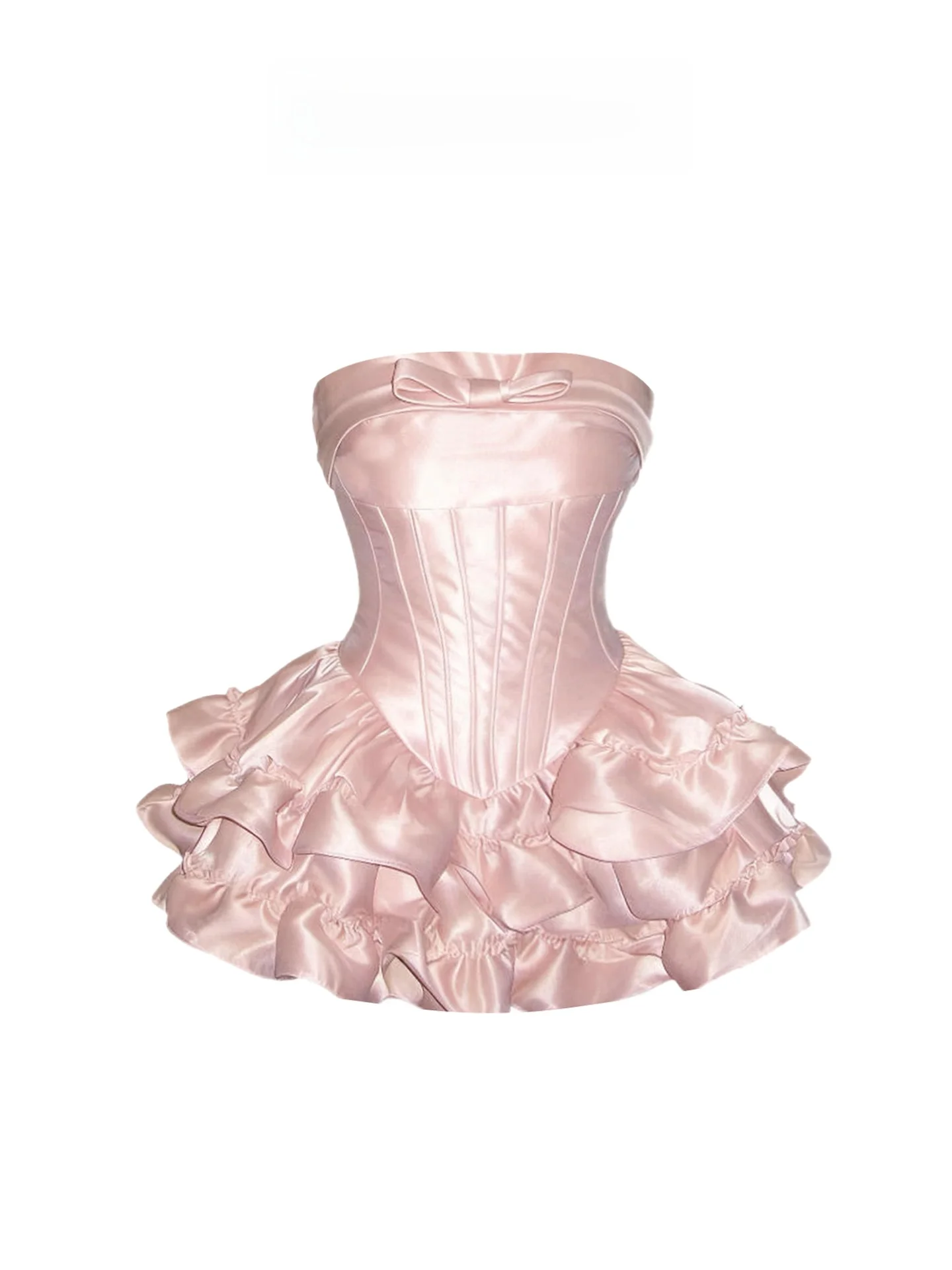 Sweet Princess Style Knot Fishbone Strapless Dress Women's High Waist Puffy Gown Dress Casual A-Line Short Skirt