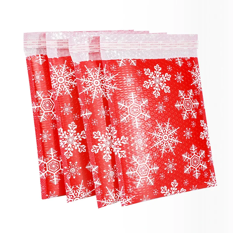 20Pcs 3 Sizes Christmas Gift Bubble Bag Red Plastic Bubble Envelope Snowflake Print Padded Shipping Envelopes Business Supplies