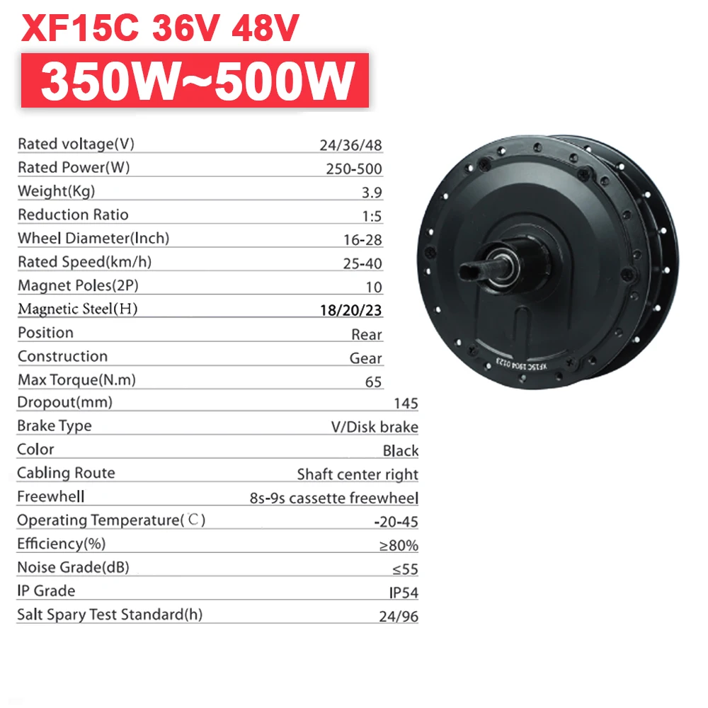 Wielnaaf Ebike Motor 36V 48V 350W 500W Borstelloze Ebike Motor Voor Achter Cassette Freehub Mxus Xf15rcf