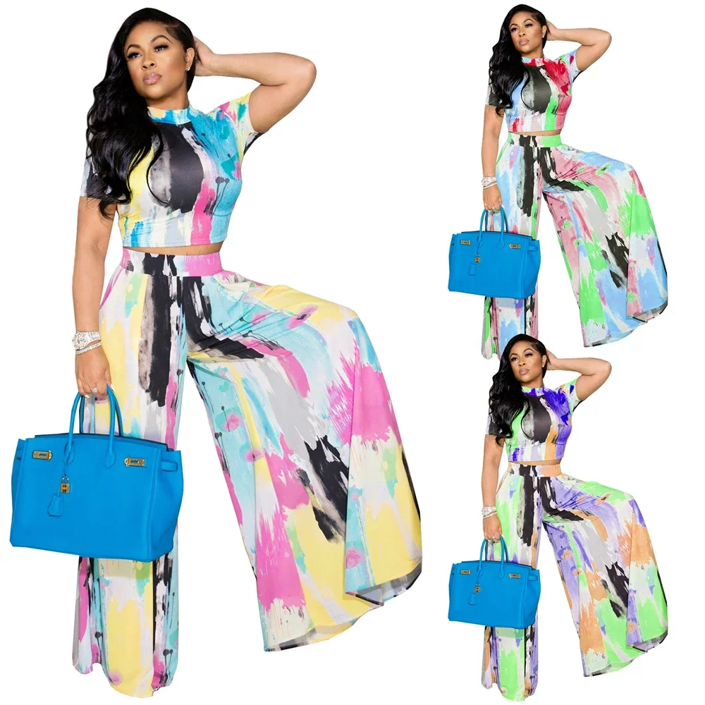 

Two Piece Set 2021 European American Spring Summer Women's Tie Dye Printing Sports and Leisure Wide Leg Pants Suit Availa