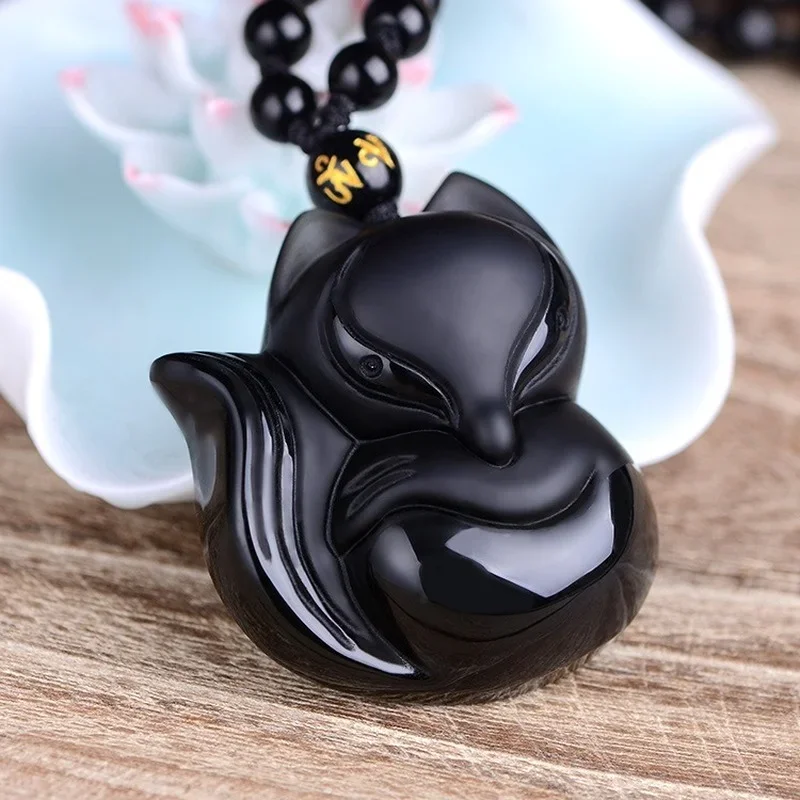 

Natural Obsidian Hand-carved Fox Jade Pendant Fashion Boutique Jewelry Men and Women Black Necklace Gift Accessories