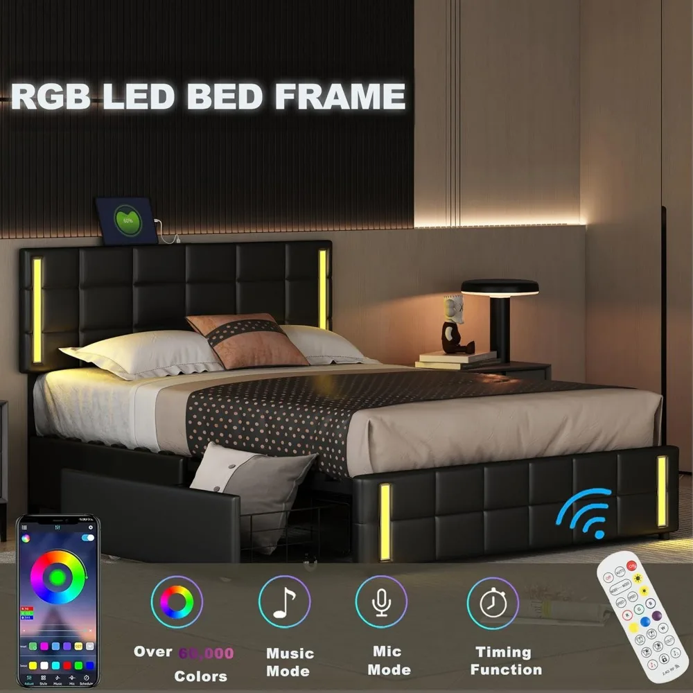 Queen Size Upholstered Platform Bed with LED Lights and USB Charging, Linen Frabic Wooden Bedframe with 4 Storage Drawers