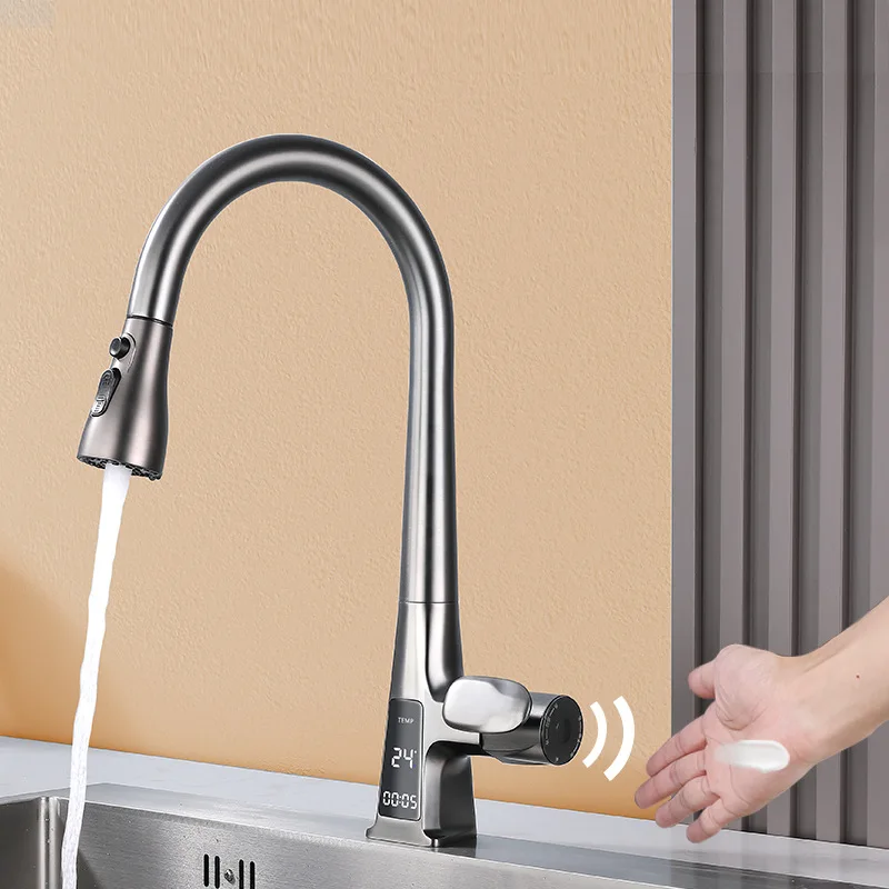 Stretchable Cold and Hot Dual Control Kitchen Sink Faucet Three Flowing Water Modes Rotating With Digital Display Sensing Faucet