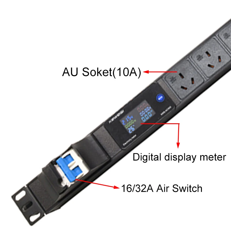 Imagem -02 - Cabinet Rack Wall Mount Faixa de Energia Unidade de Distribuição Pdu 27 Maneiras 3pin Soquete Australiano Medidor Digital v a w