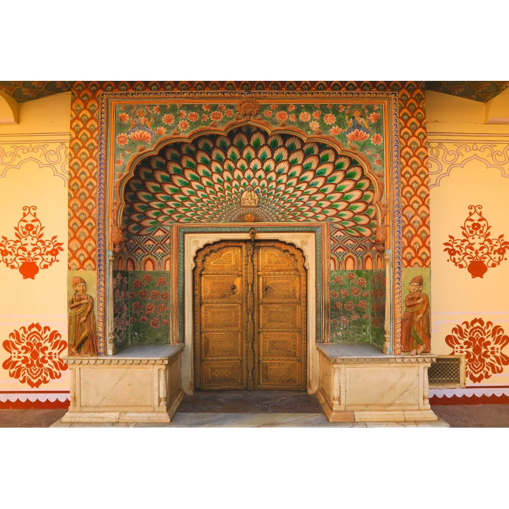 Laeacco Indian Jaipur City Palace Gate Photography Background Ancient Architectural Relics Religious Believers Portrait Backdrop