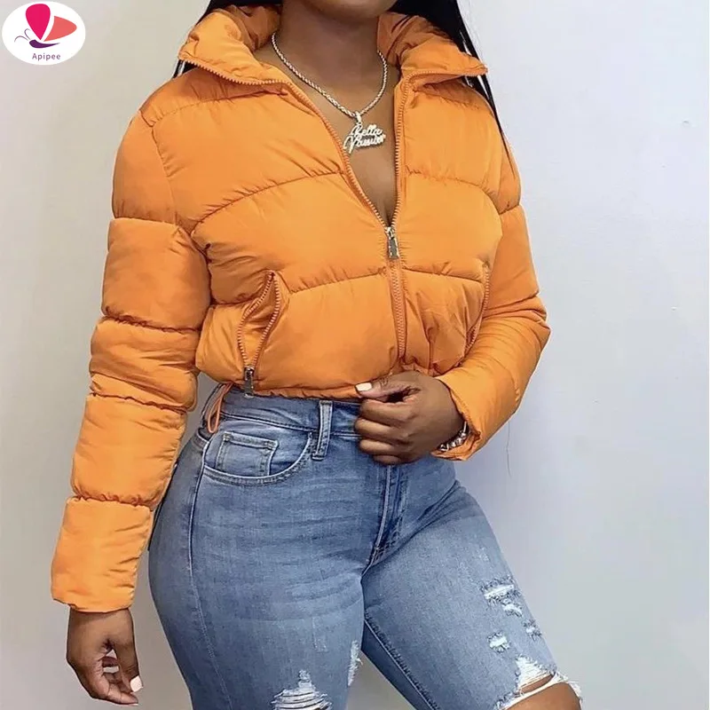 APIPEE Fall Winter Women Casual Solid High Collar Long Sleeve Tops Zipper Short Puffer Coat Fashion Female Jacket Streetwear