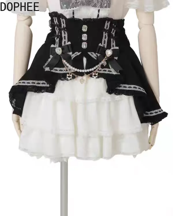 Falda japonesa nueva de otoño de dos piezas de imitación de cintura alta con forma de pastel, faldas elegantes con lazo de diamantes y cadena de Lolita, faldas cortas de princesa acampanadas