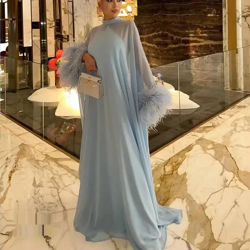 Chiffon Elegant High Neck Prom Dresses Full Sleeves with Feathers Formal Evening Gown For Wedding Customized Saudi Party Gown