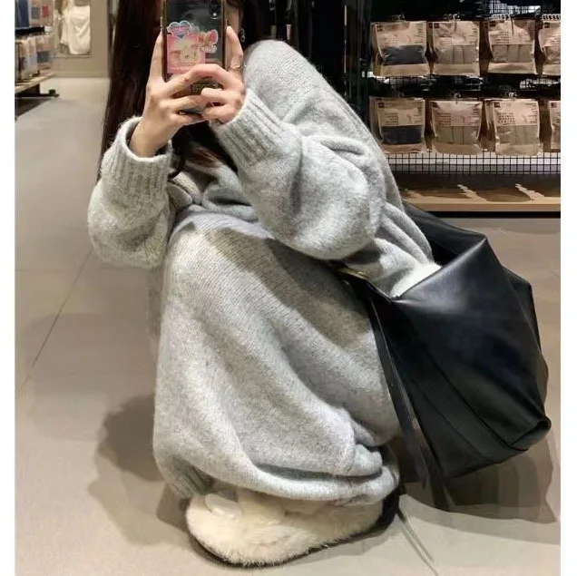 

Loose V-neck Knitted Woolen Dress Autumn Winter French Knitted Bottom Dress Over Knee High End