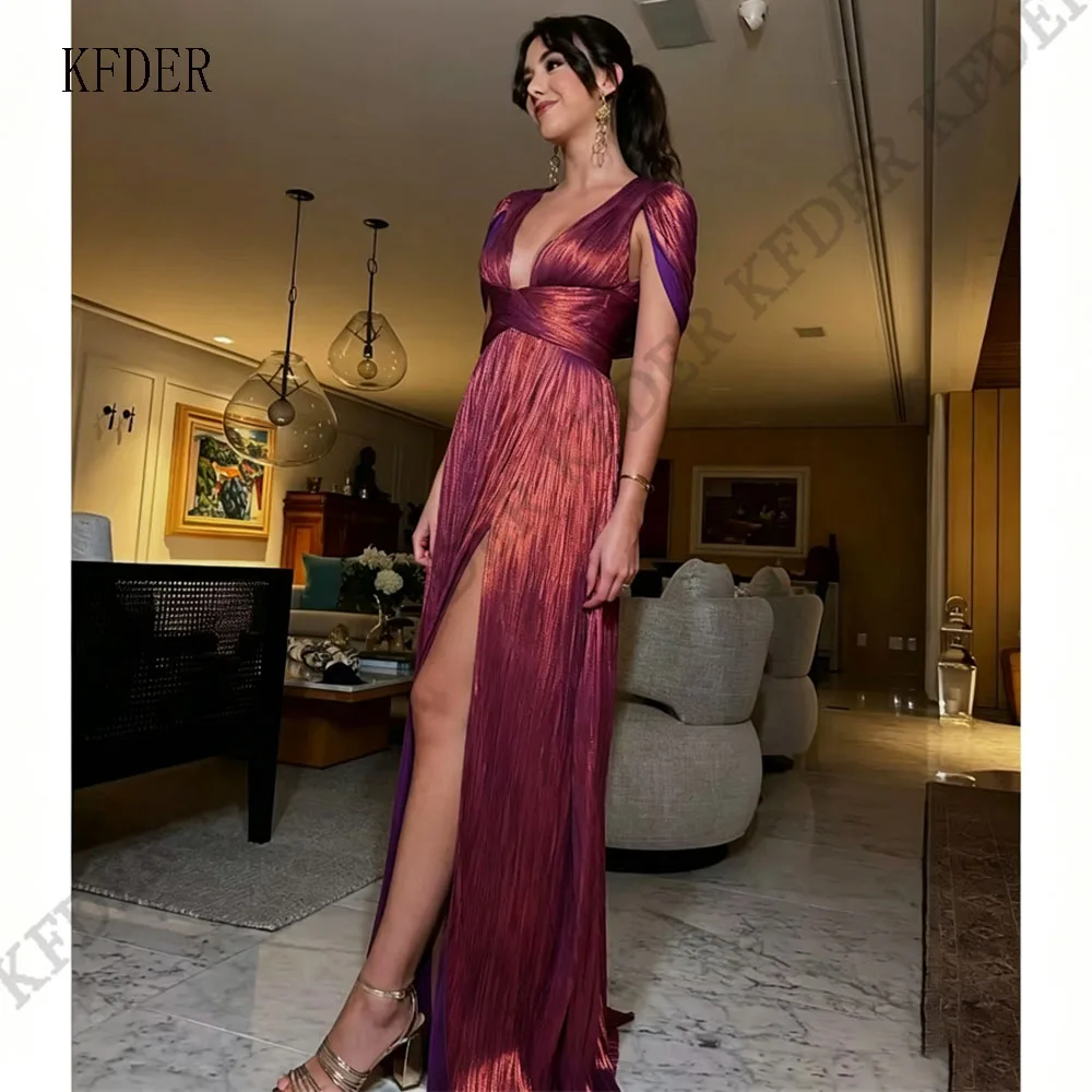Fuchsia V Neck Evening Dresses A Line Prom Dress Pleated Chiffon Luxury Formal Evening Gown Slit Gala Party Dress Customized