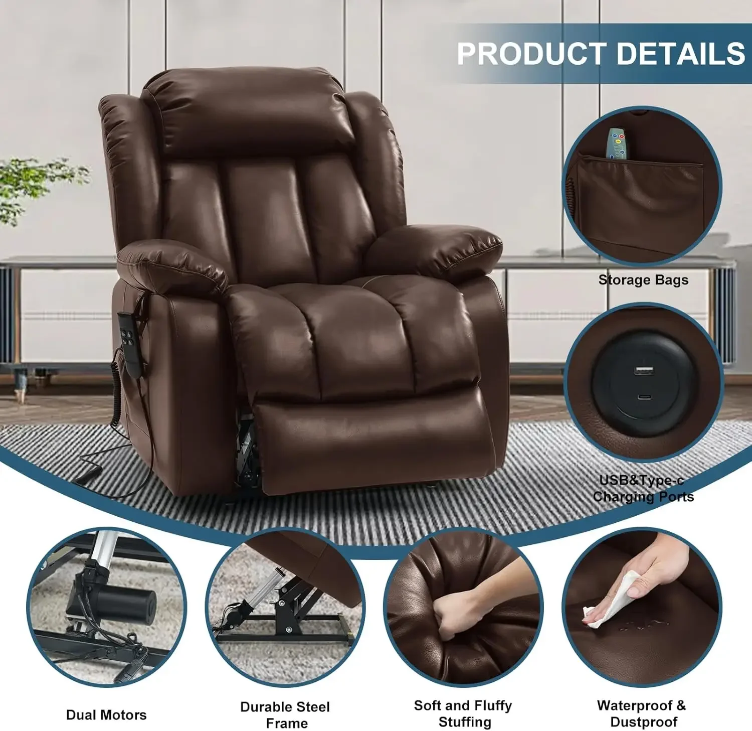 MF ite Posi-Fauteuil inclinable à grande puissance pour personnes âgées, chauffage et massage, ascenseur à plat, inclinables à moteur