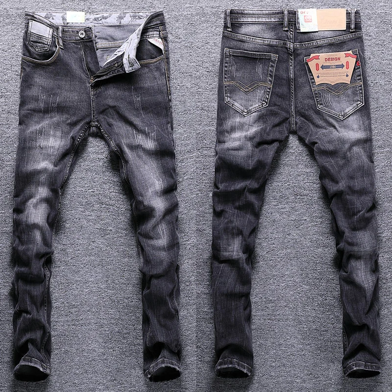 

Newly Designer Fashion Men Jeans Retro Black Gray Stretch Elastic Slim Fit Ripped Jeans Men Denim Trousers Vintage Pants Hombre