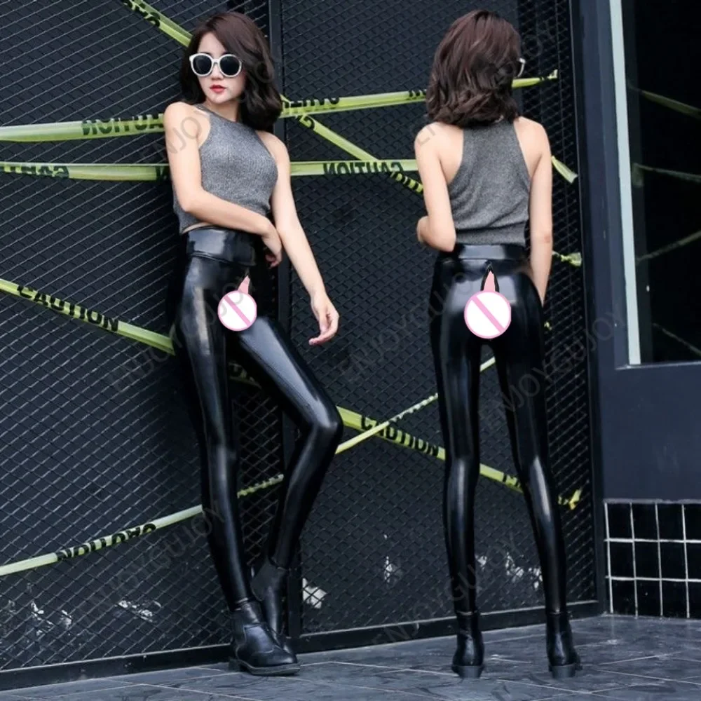 กางเกงหนังเทียม PU แบบเปิดเป้า ใส่เล่นกลางแจ้ง กระชับรูปร่าง สำหรับผู้หญิง สไตล์เอ็กโซติก เอวสูง เซ็กซี่ เหมาะสำหรับโยคะและไนท์คลับ