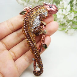 Vintage Brwon Lizard Gecko Animal Pendant Brooch Pin Rhinestone Crystal Gifts