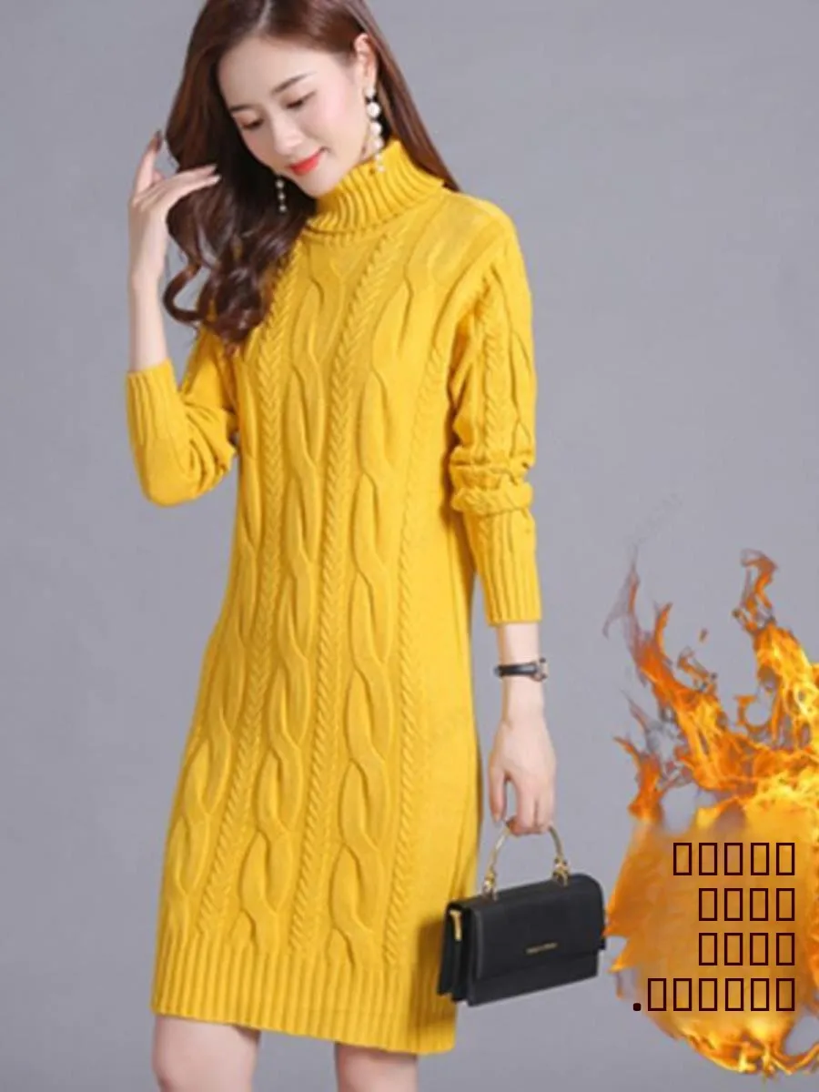 

Autumn Winter Thiened Fce High Collar Knee-Length Women's Loose plus Size Mid-Length Knitted Dr Long Sweater