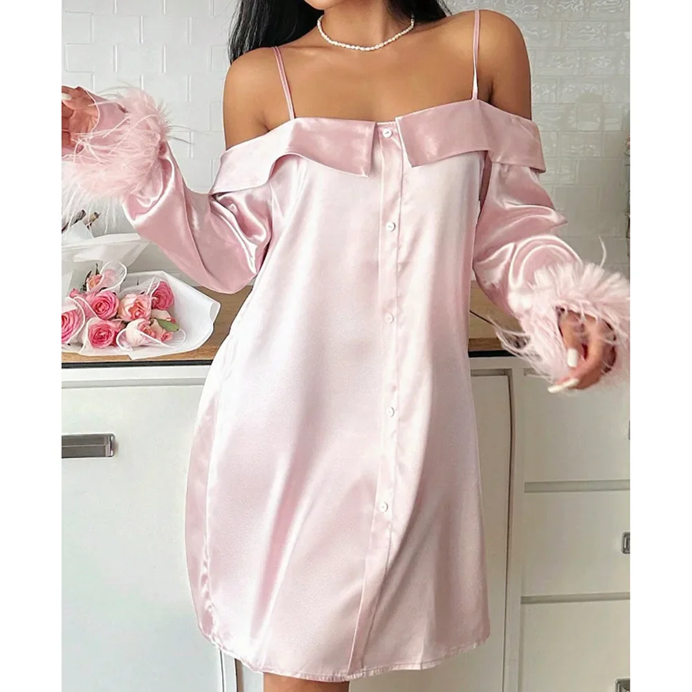 Fashion Women Off Shoulder Nightgown Sleepshirt Pink Silky Satin Long Sleeve Feather Nightdress Homewear Loose Casual Loungewear