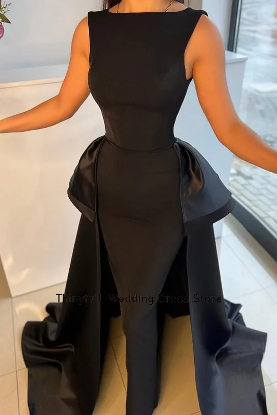 Thinyfull Black Mermaid Evening Party Dresses Sleeveless O-neck Satin Prom Dress Customized Formal Occasion Gown Robe De Soirée