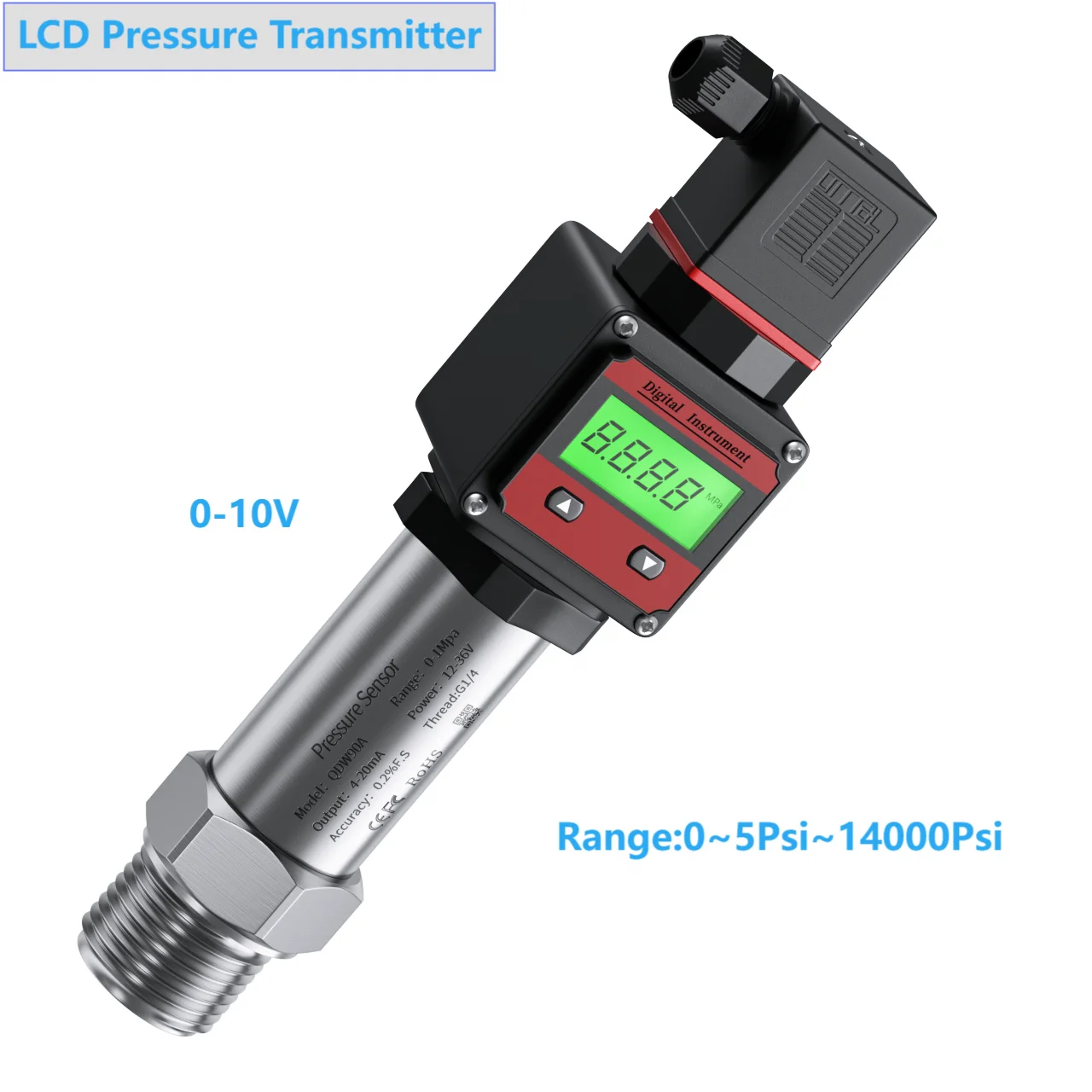 0-10V LCD Hersman Pressure Sensor Transmitter 20Psi 200Psi 2000Psi 14000Psi 800bar Range G1/4 G1/2 NPT1/4 LCD Pressure Sensor