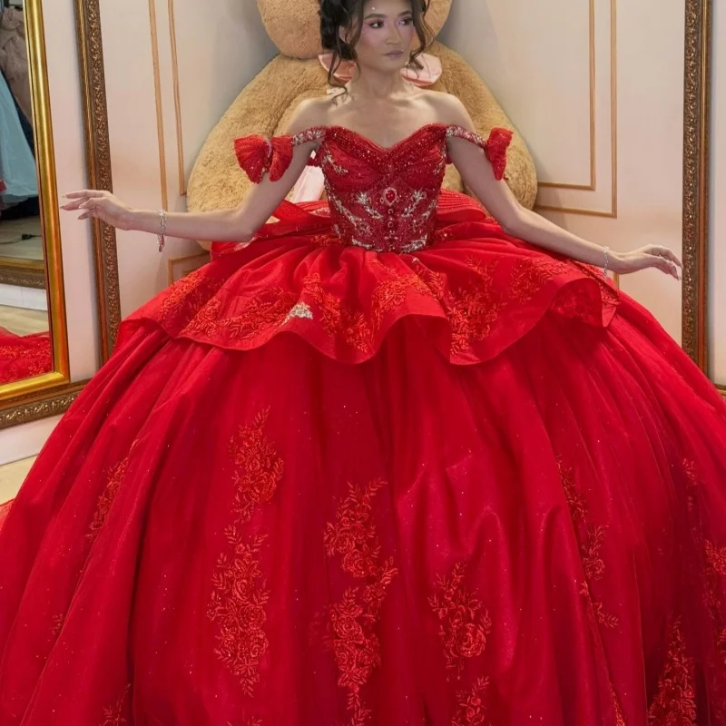 

Red Quinceanera Dress off-shoulder Glitter Crystal Decal Long tail Big Bow vestidos de 15 Quinceanera ﻿Customize