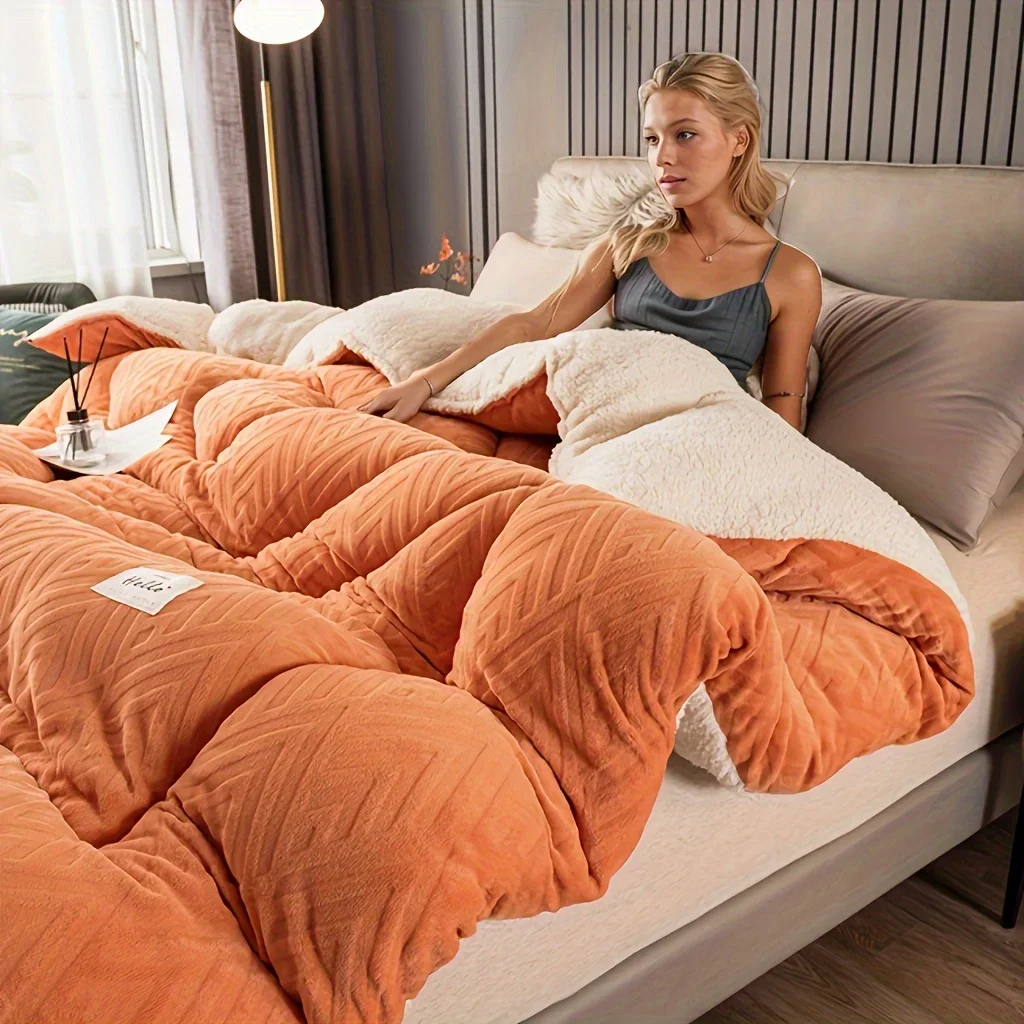 Embossed Velvet Thickened Warm Winter Comforter Soft Solid Color Coral Fleece Weighted Blanket for Bed Queen Size Sleeping Quilt