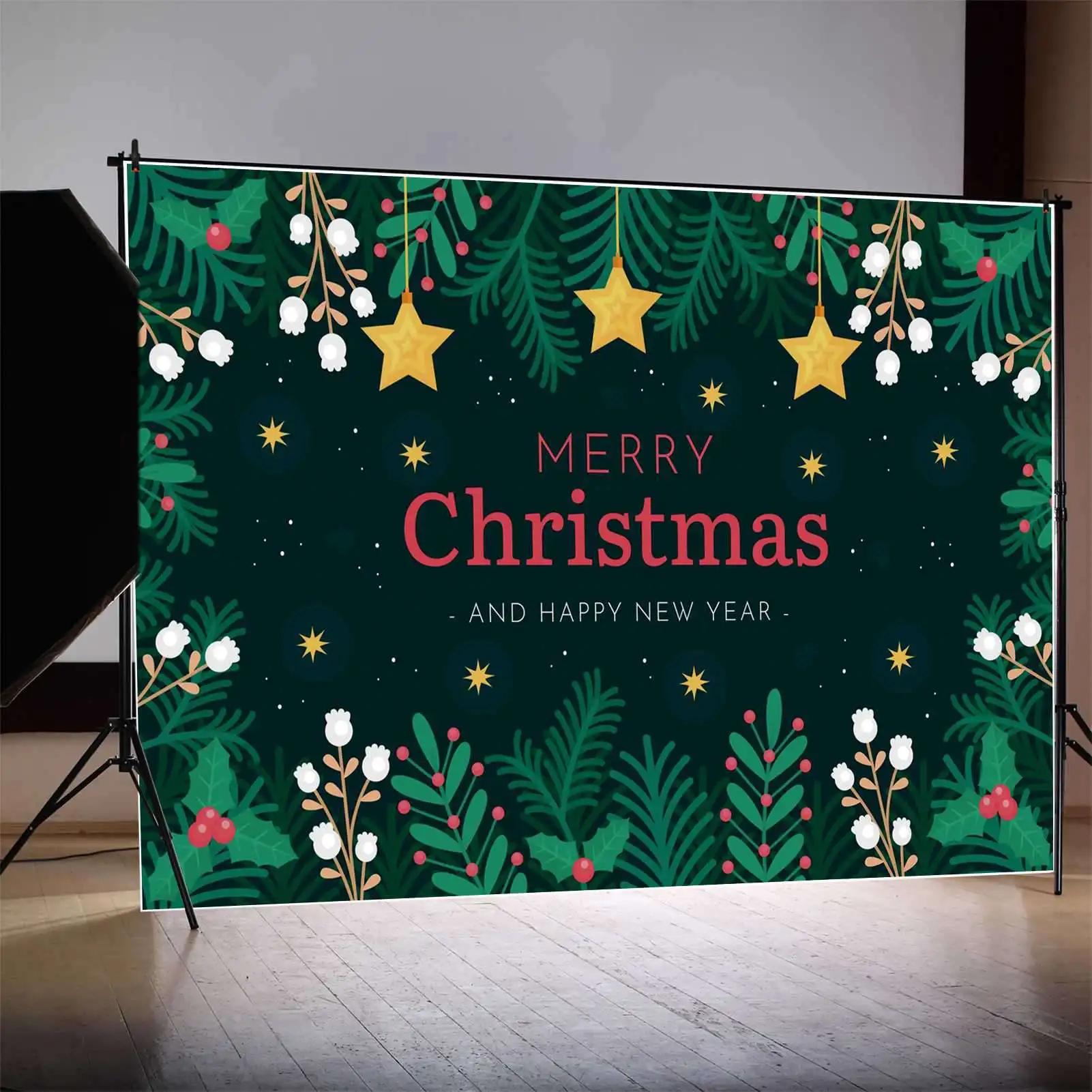 MOON.QG Backdrop Merry Christmas Banner Children Party Decoration Photo Booth Background Gold Star Sky Green Leaves Flower Props